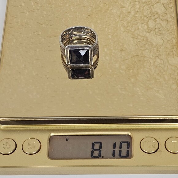 Vintage Sterling Silver Garnet Ring Sz 8.25 Square Wide Cut Out Wavy Band Chunky - Picture 13 of 16